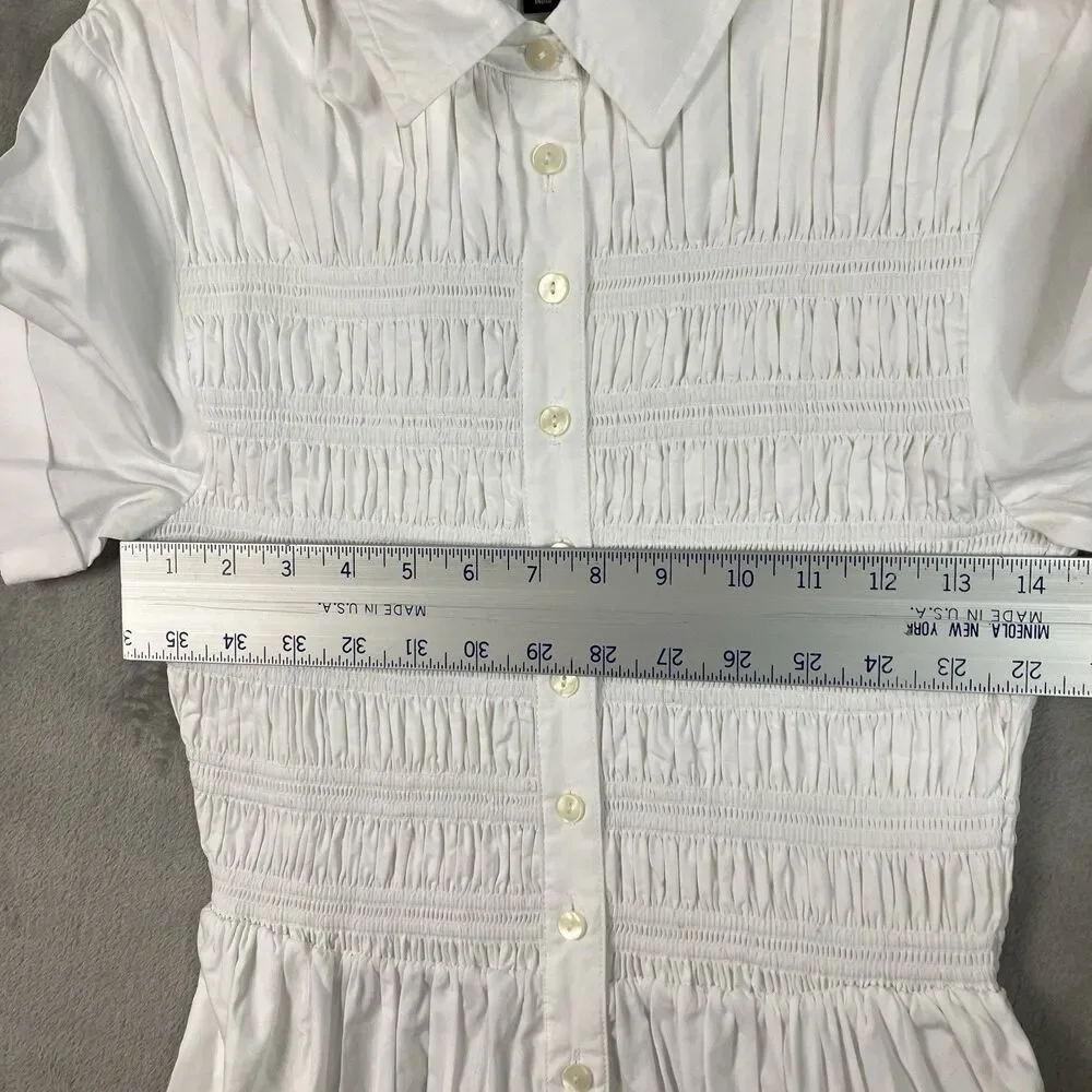 J Crew Petite Elsie Shirt Dress Womens SP White Cotton Poplin Smocked Button Up
